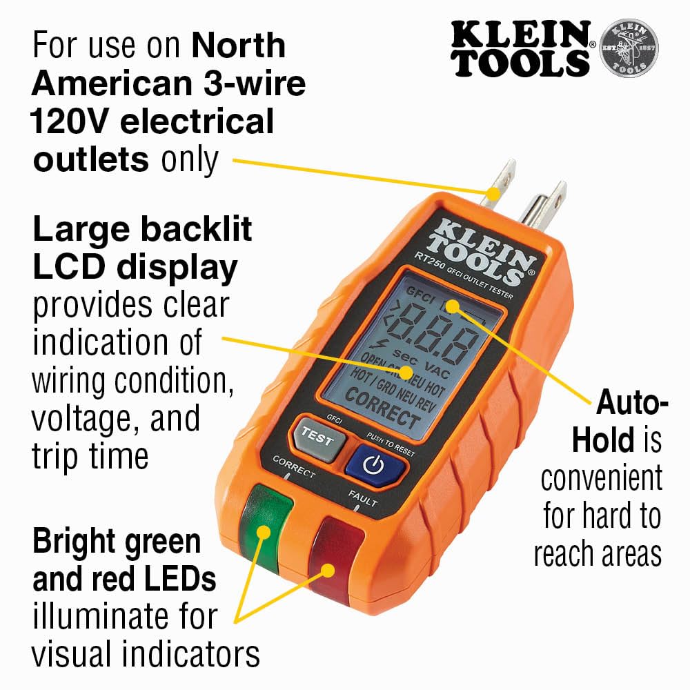 Klein Tools RT250 closeup of backlit LCD for easy voltage reading in low light