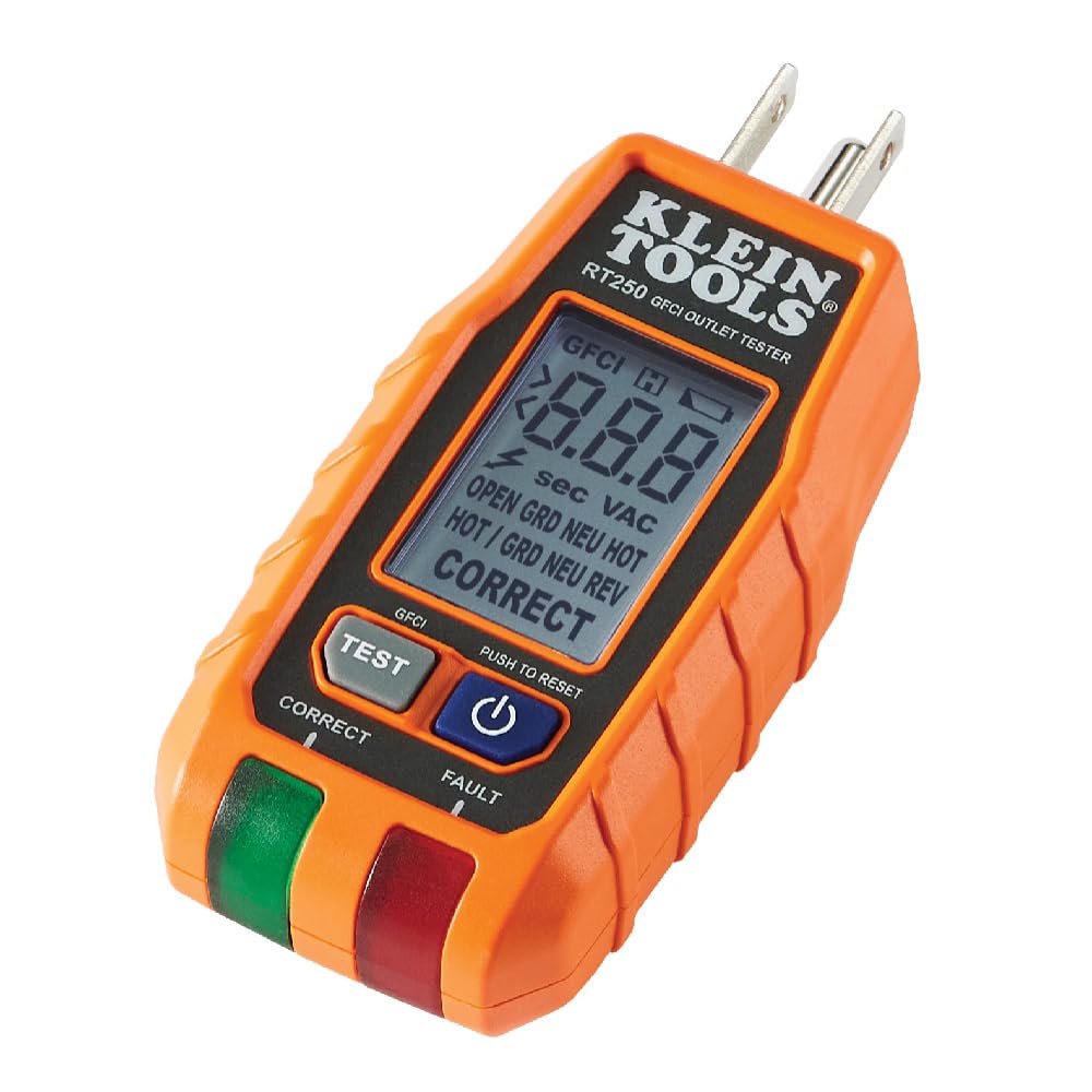 Klein Tools RT250 front view showing display and outlet plug benefit quick diagnostics
