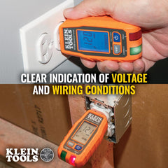 Klein Tools RT250 testing a GFCI outlet showing measured trip time for verification