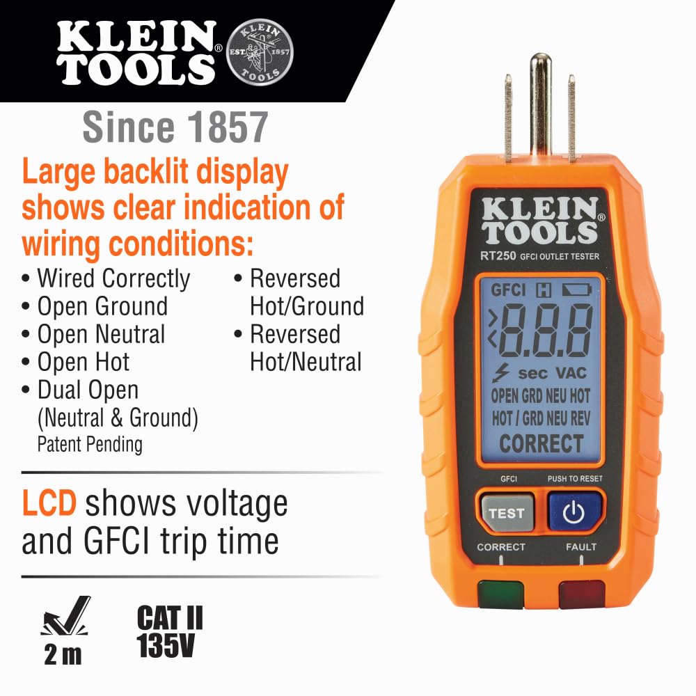 Klein Tools RT250 plugged into standard 3-wire receptacle for fast onsite testing