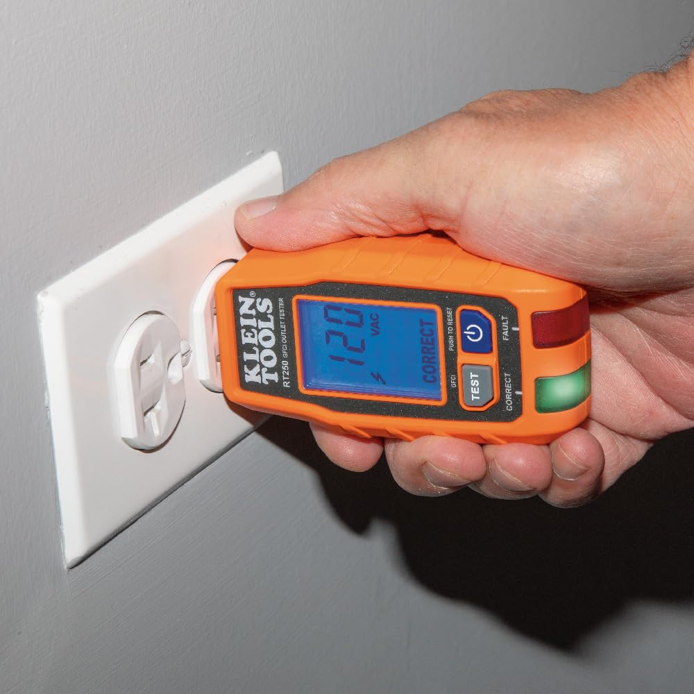 Klein Tools RT250 held in hand to show compact scale and portability for technicians