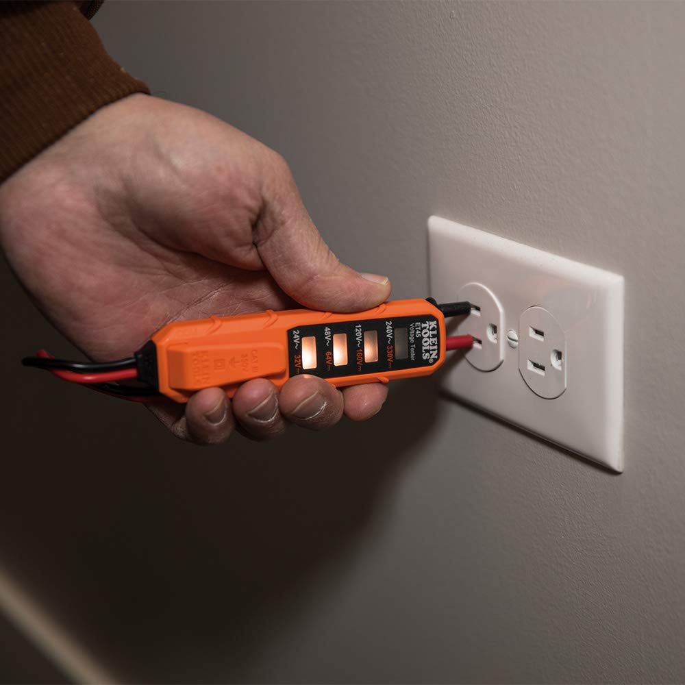Klein Tools testers clipped in a utility belt keeping hands free and tools accessible