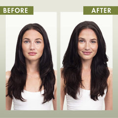 Brushed-through hair after Klorane oat milk powder application showing lifted roots and natural volume