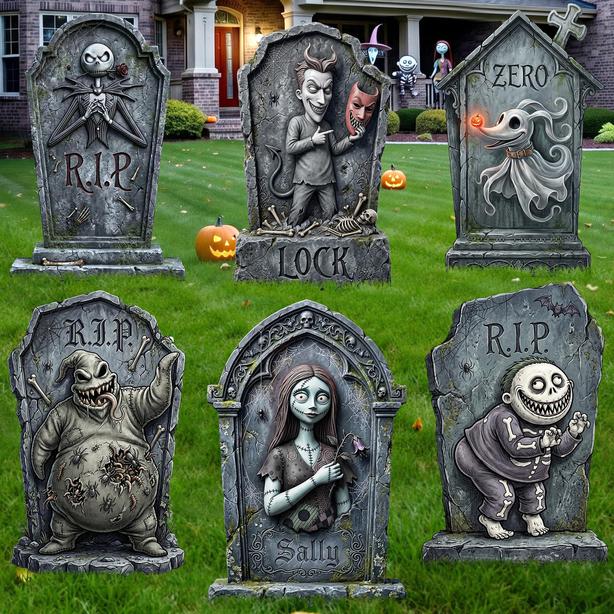 KLYRO front view of six tombstones showing a spooky yard focal point benefit