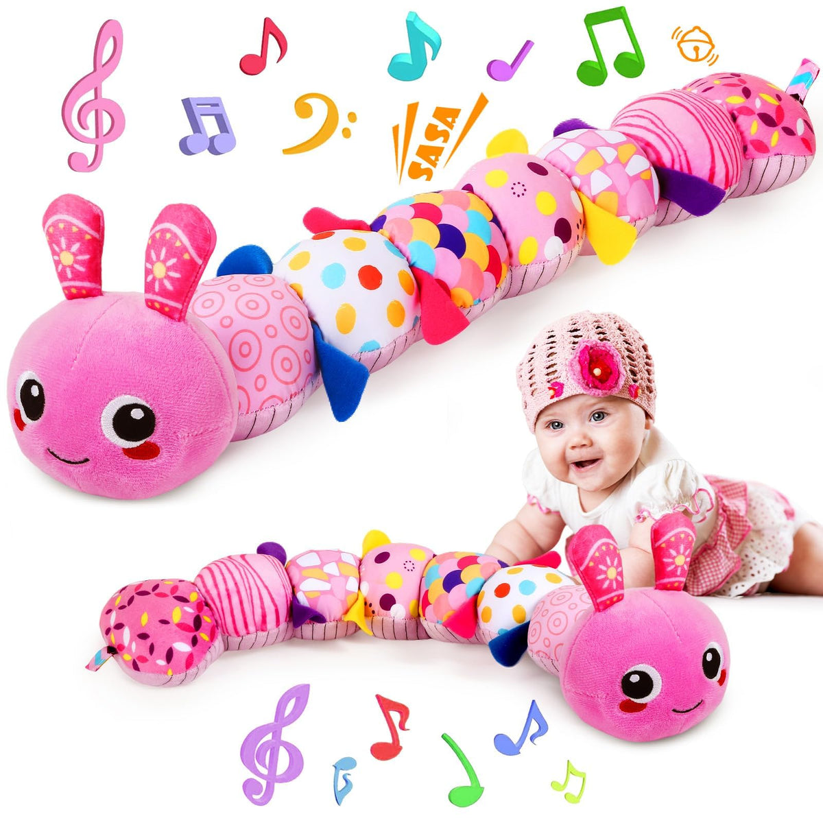 KMUYSL caterpillar front view shows bright colors and inviting segments for early play
