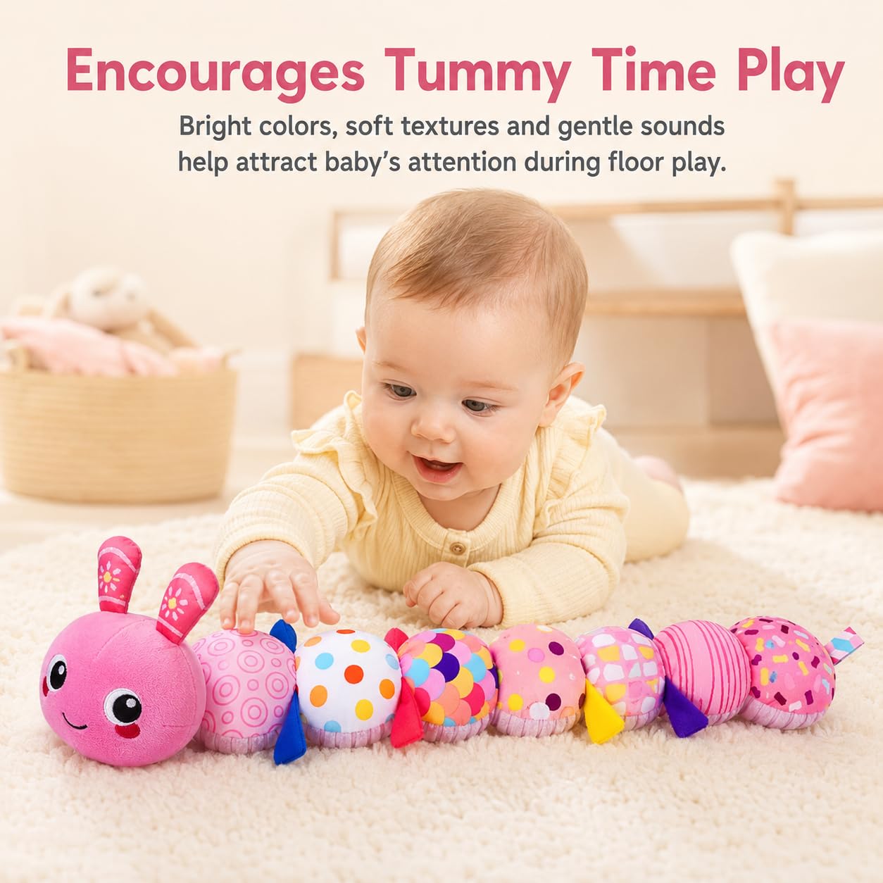 KMUYSL music eye detail showing pressable melody feature to soothe and engage
