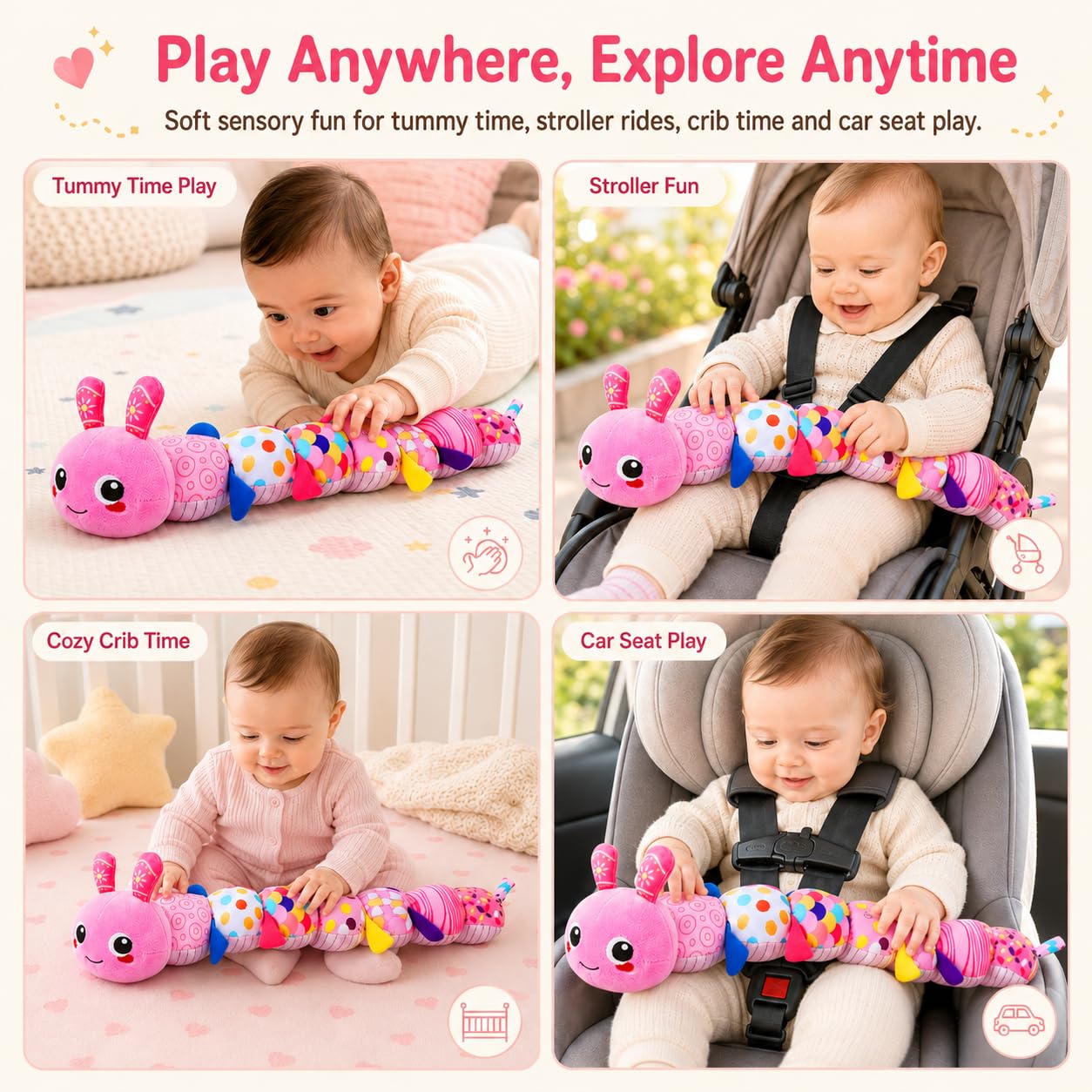 KMUYSL stroller attachment scene showing portable sensory play on the go