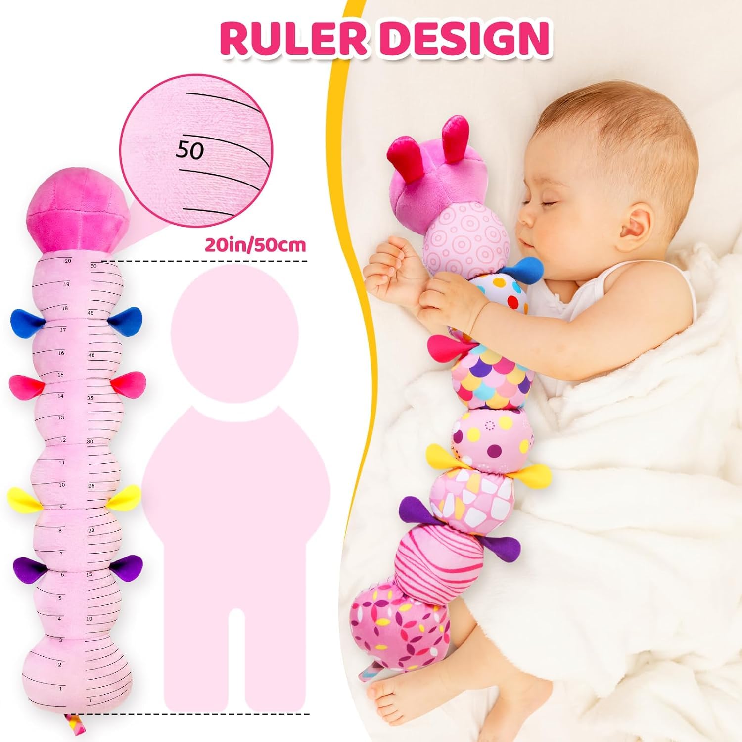 KMUYSL tummy time setup showing caterpillar encouraging head lifting and reaching