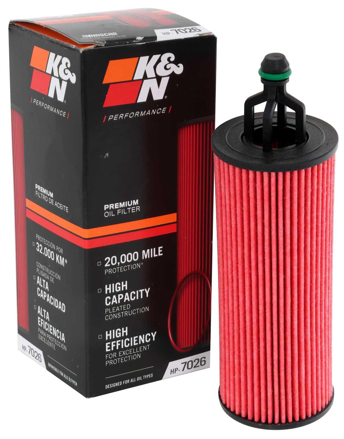K&N front packaging HP-7026 showing model and benefits