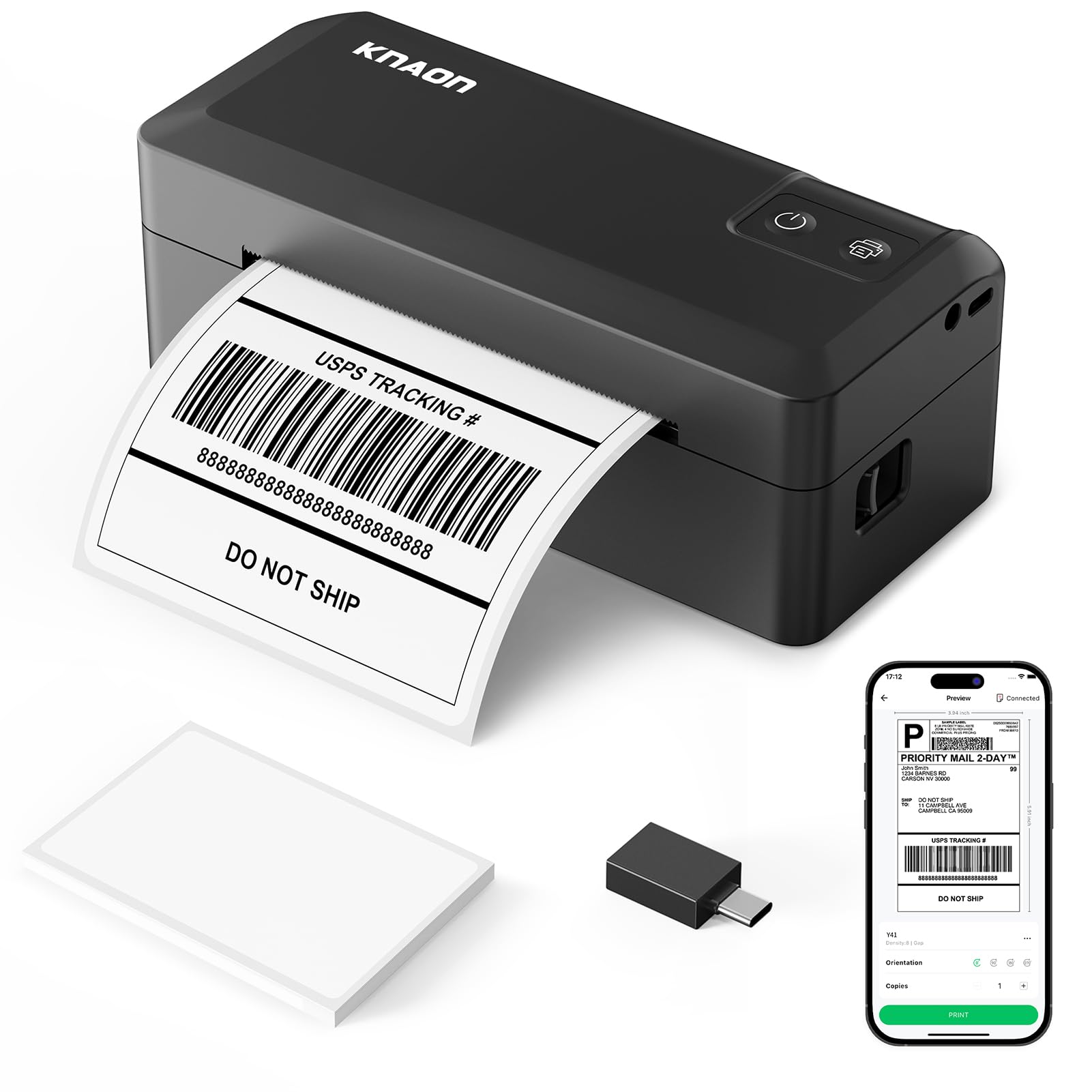 KNAON front view of black thermal label printer showing compact design and professional look
