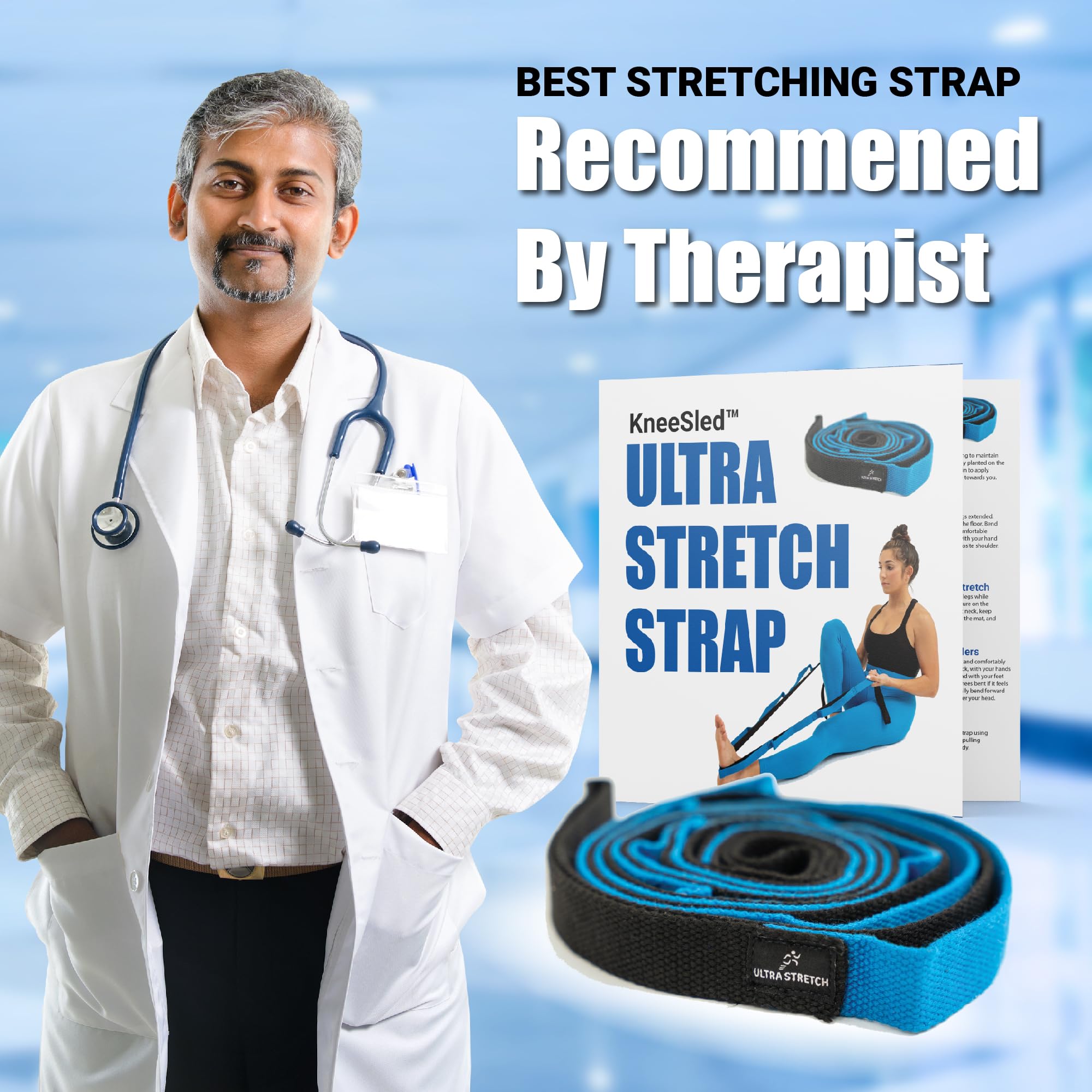 KNEE SLED strap in use demonstrating leg stretch with proper positioning and support