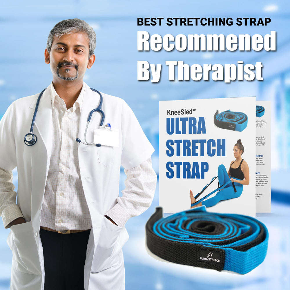 KNEE SLED strap in use demonstrating leg stretch with proper positioning and support