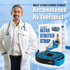 KNEE SLED strap in use demonstrating leg stretch with proper positioning and support