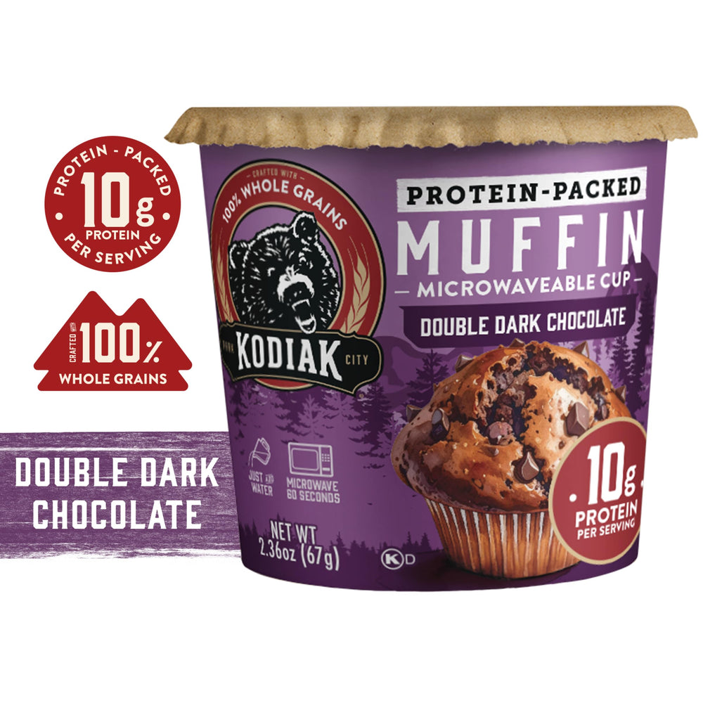Kodiak Cakes batter in mug ready to microwave for a quick high-protein muffin