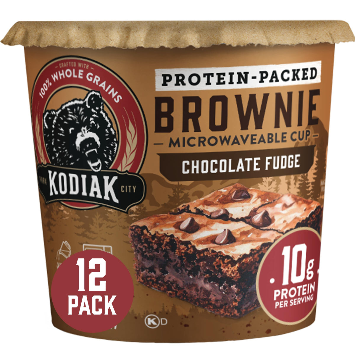 Kodiak Cakes front packaging showing one brownie cup and brand