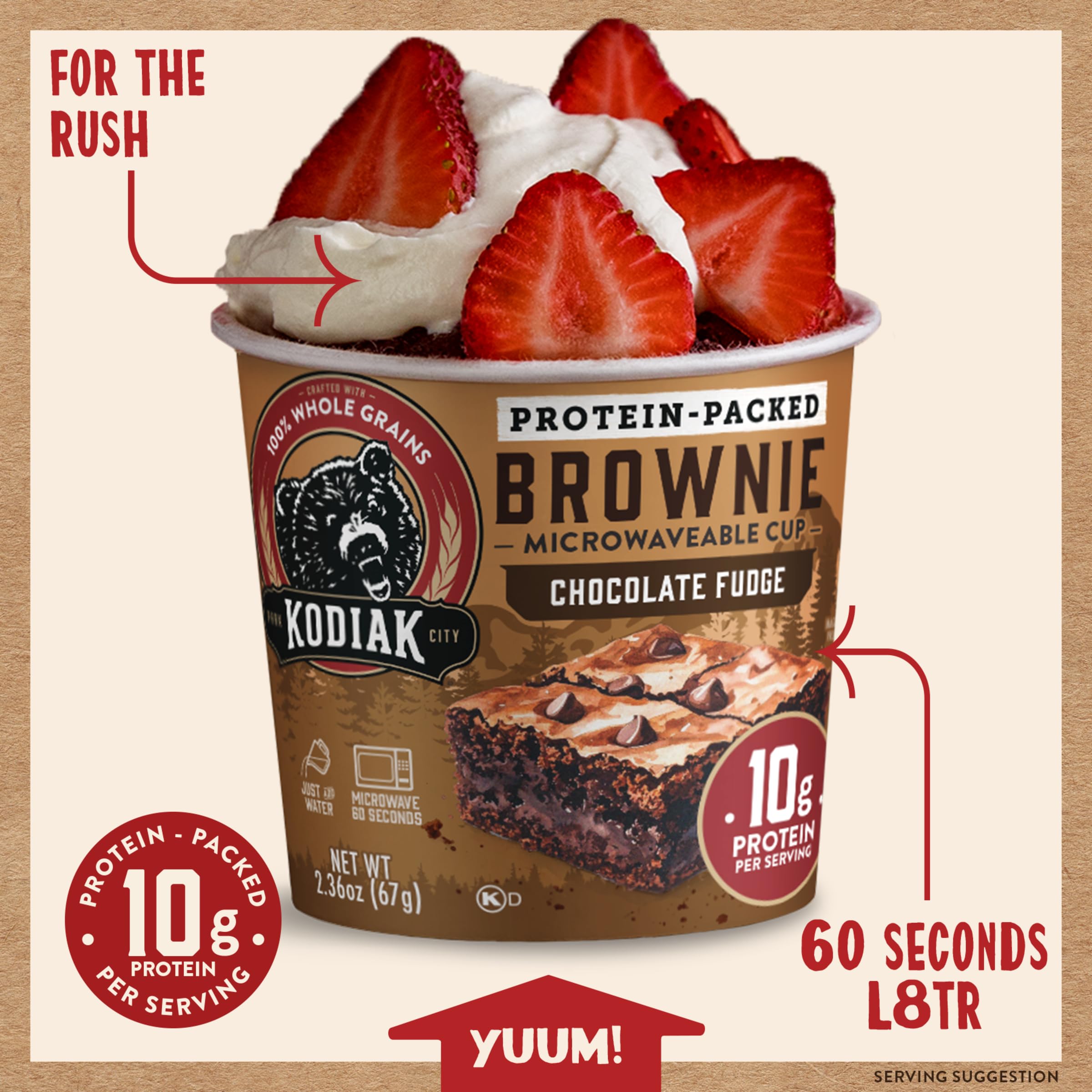 Kodiak Cakes brownie cup in hand showing portable single-serve benefit