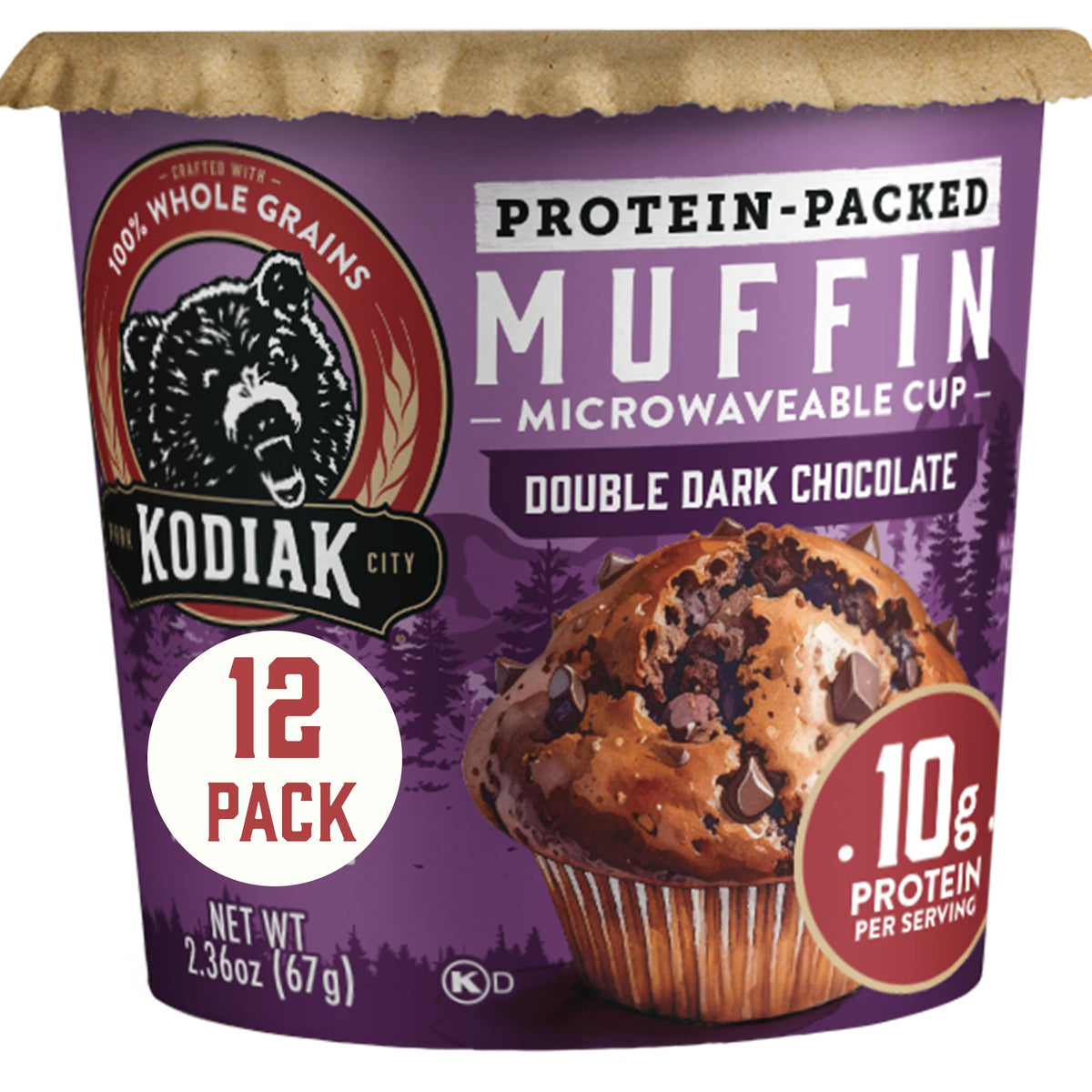 Kodiak Cakes front packaging showing double dark chocolate flavor and benefits
