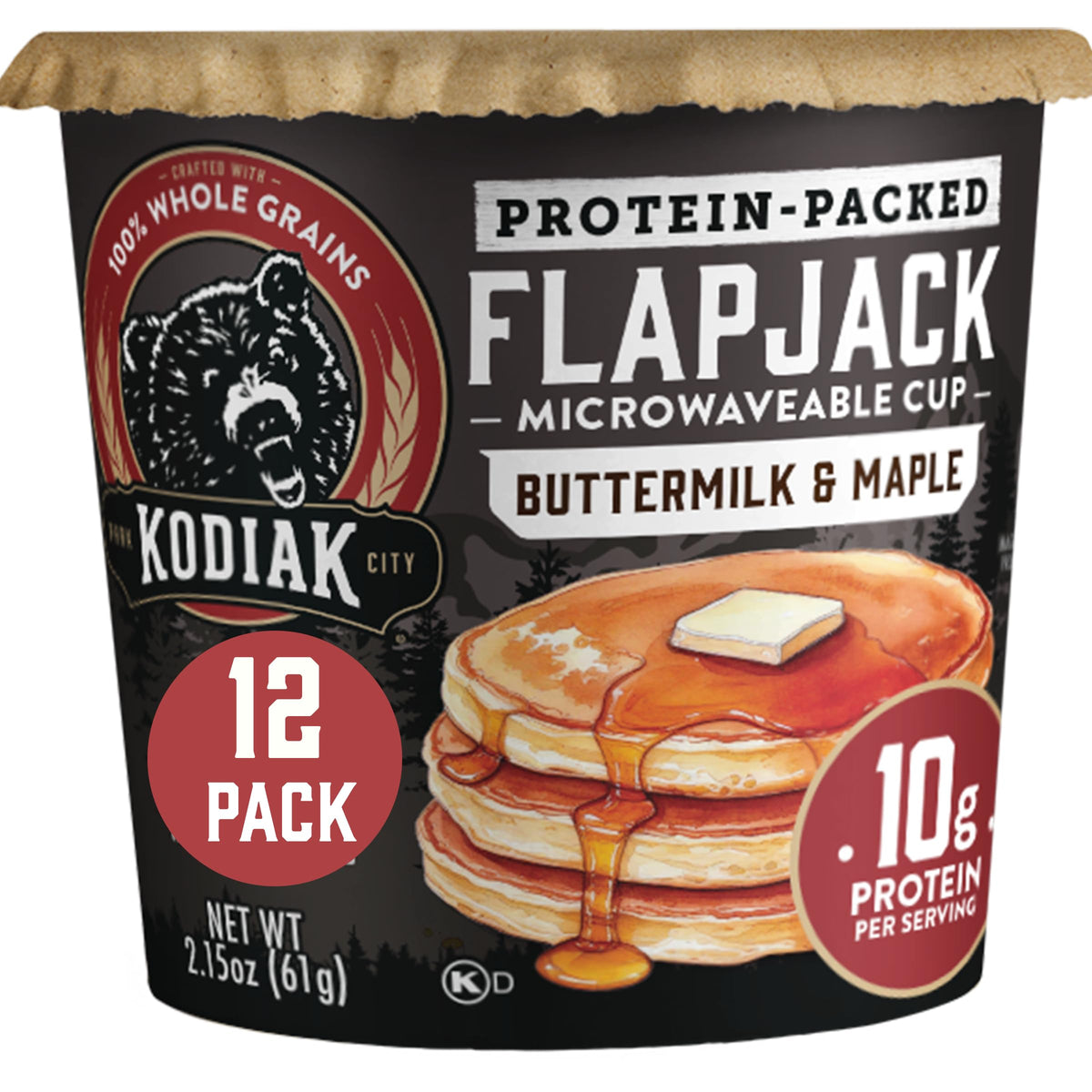 Kodiak Cakes front packaging showing buttermilk and maple flavor and protein benefit