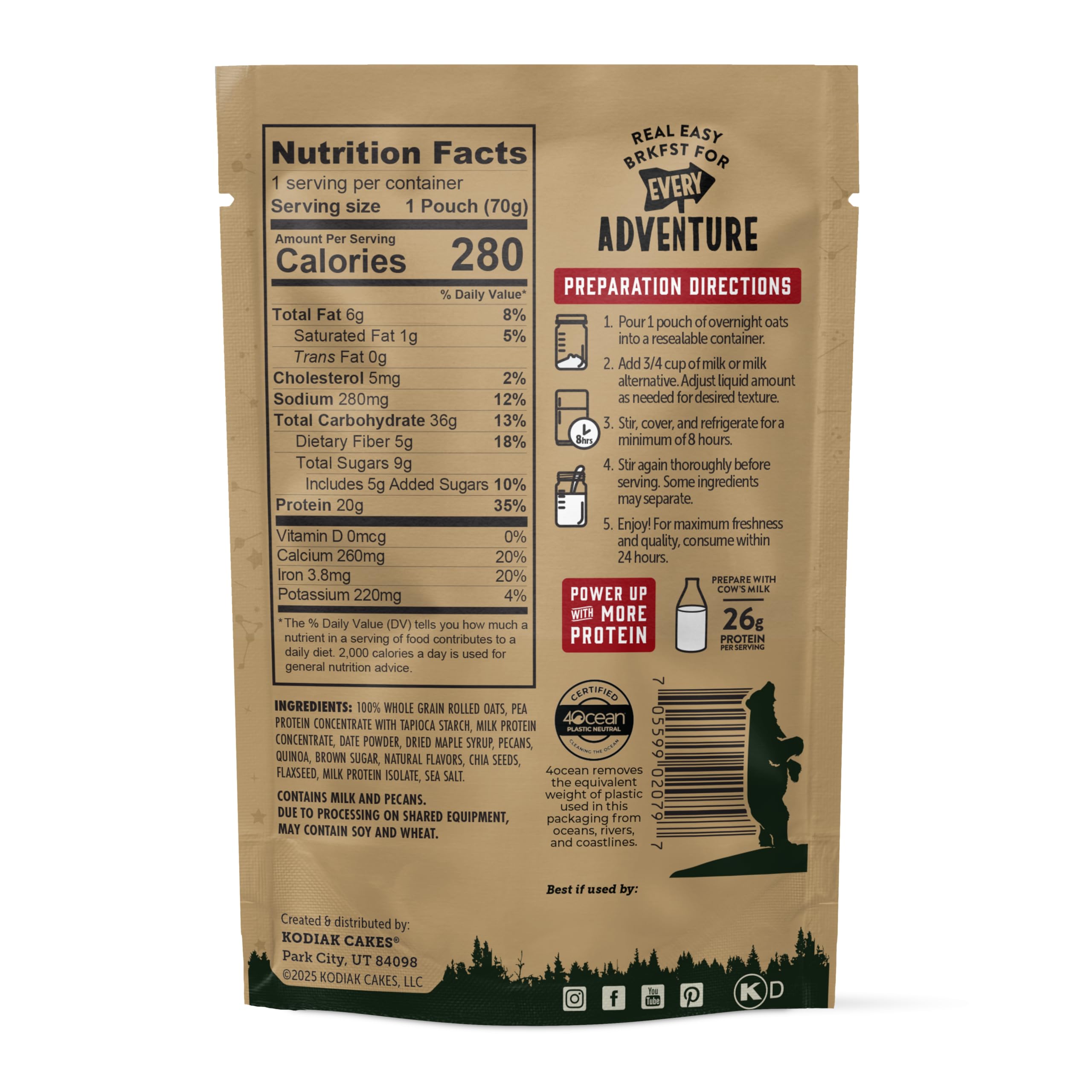 Kodiak Cakes single pouch opened with prepared oats ready to eat for quick convenience