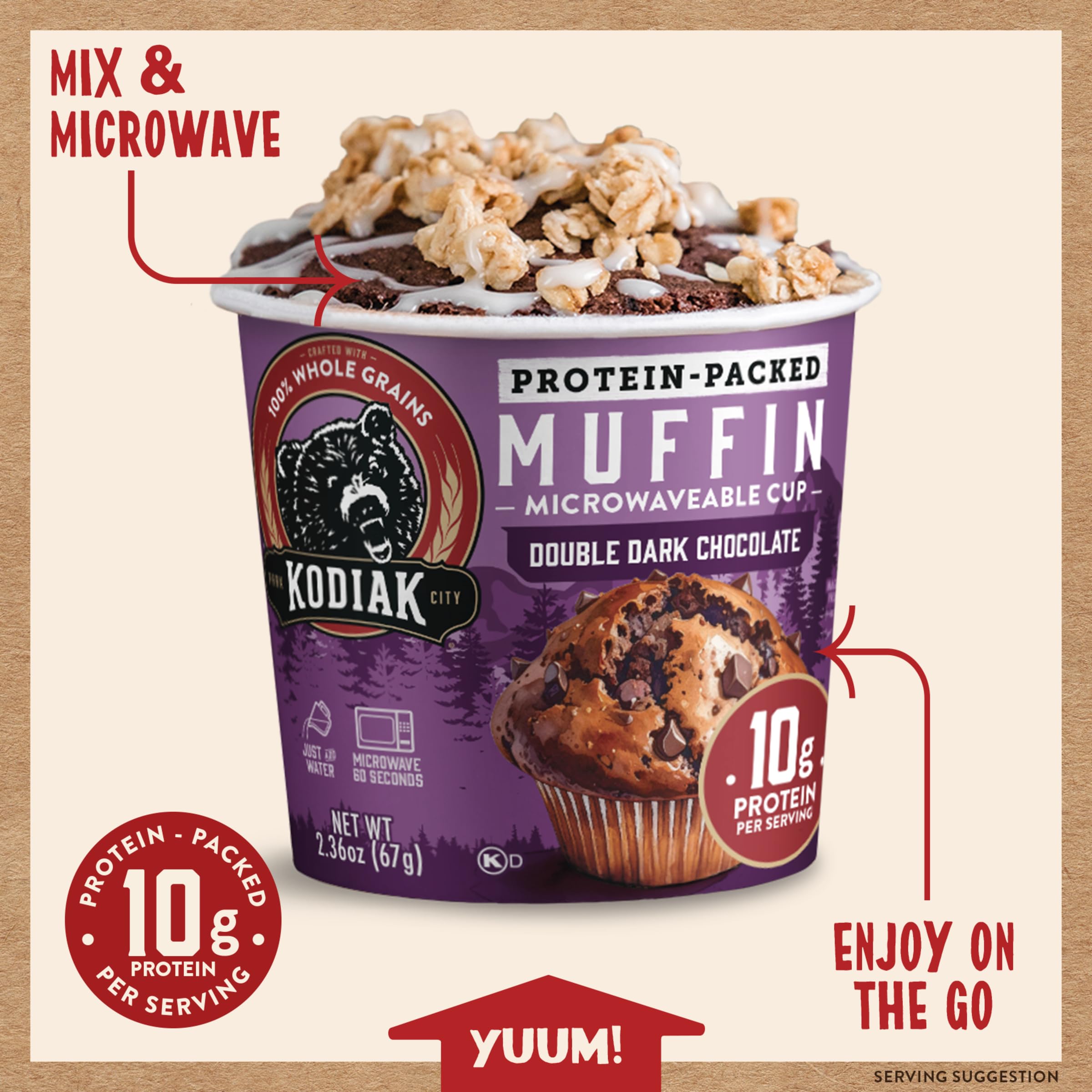 Kodiak Cakes warm double dark chocolate muffin close-up, soft texture benefit