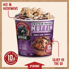 Kodiak Cakes warm double dark chocolate muffin close-up, soft texture benefit