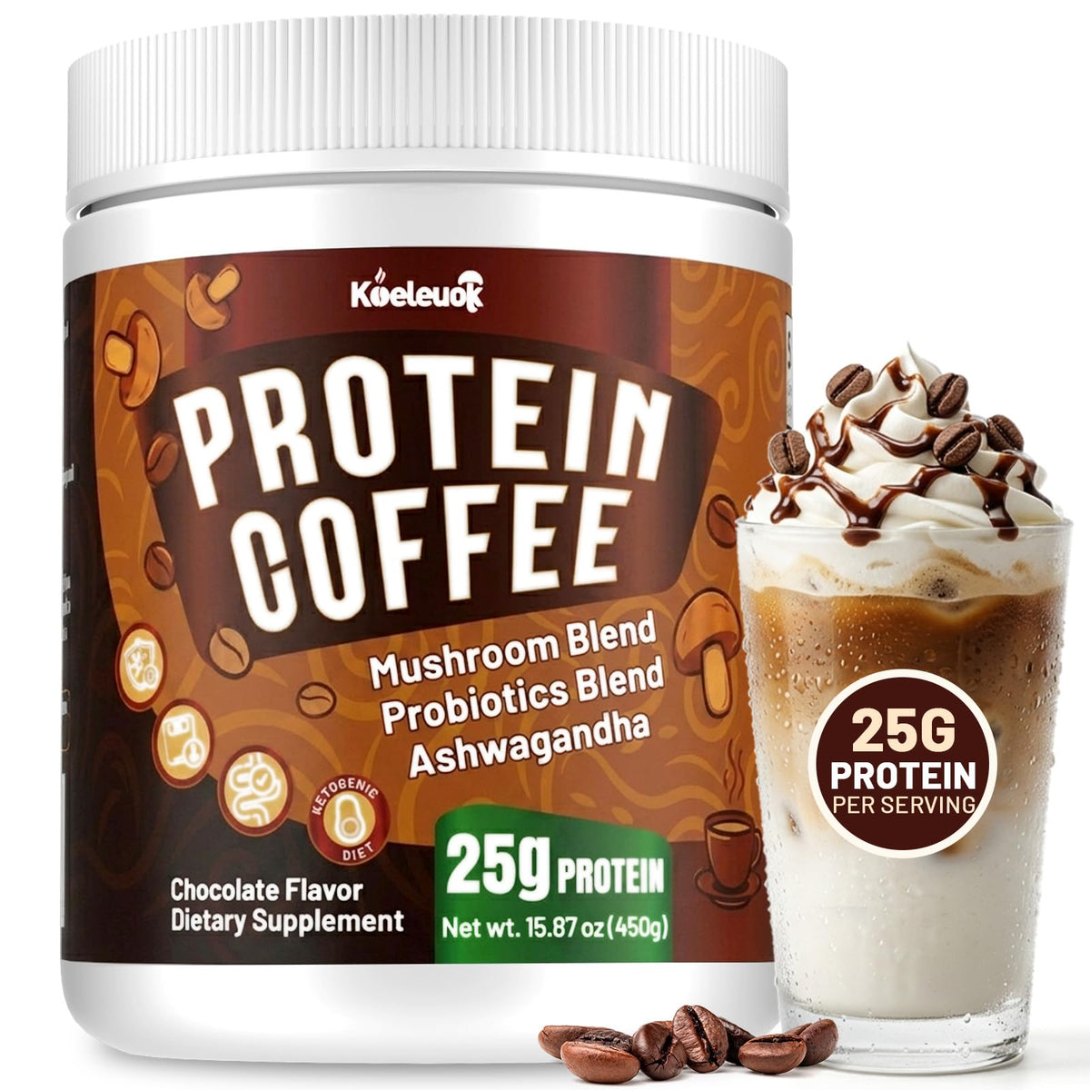 Koeleuok front packaging showing cold brew mocha and protein benefit