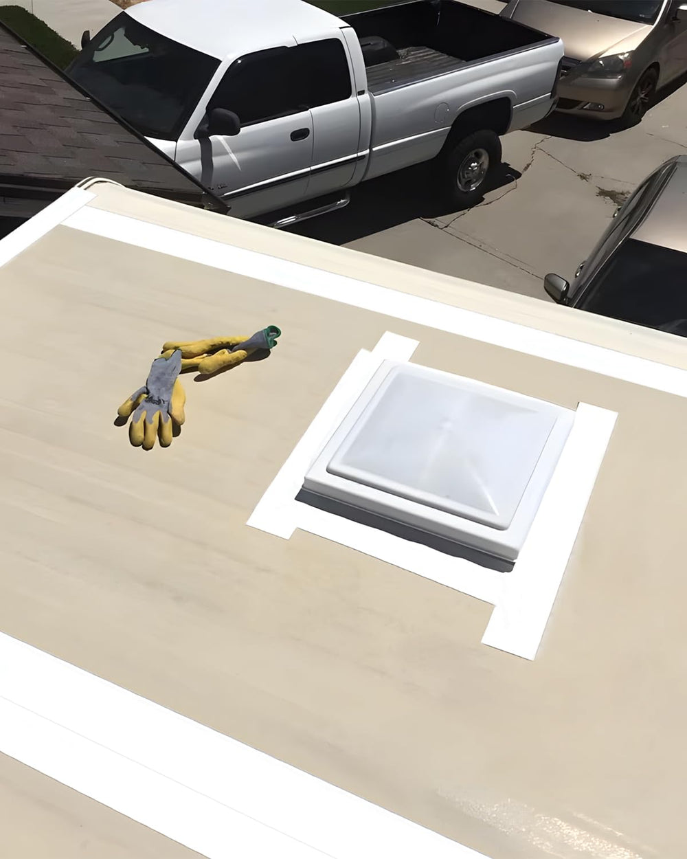 Kohree tape on repaired camper roof in outdoor setting, protects vehicle on trips