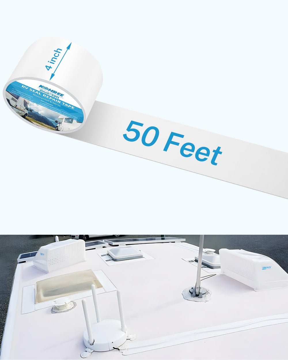 Kohree tape beside measuring tape showing 4-inch width, ensures full seam coverage