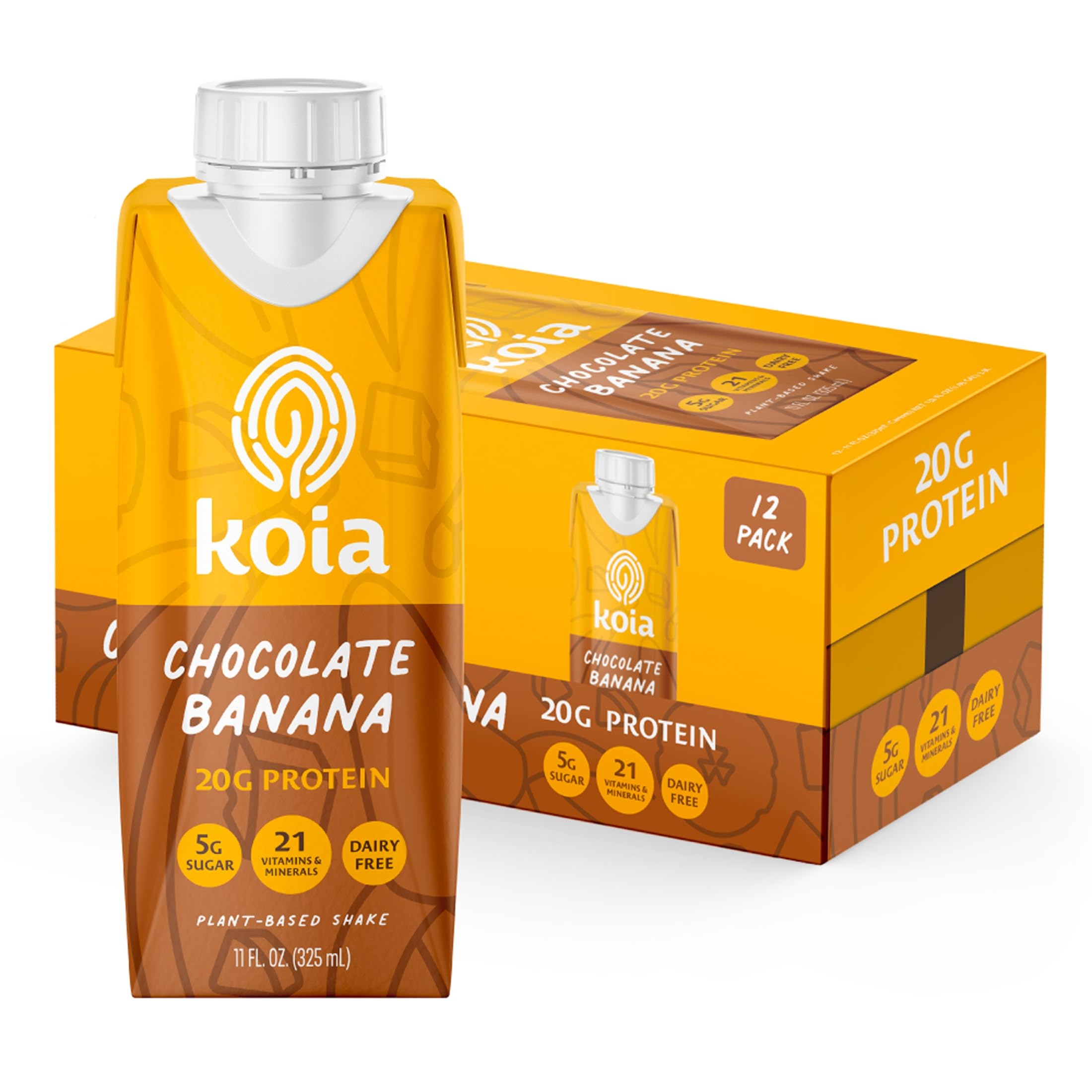 Koia bottle front packaging showing chocolate banana flavor and benefits