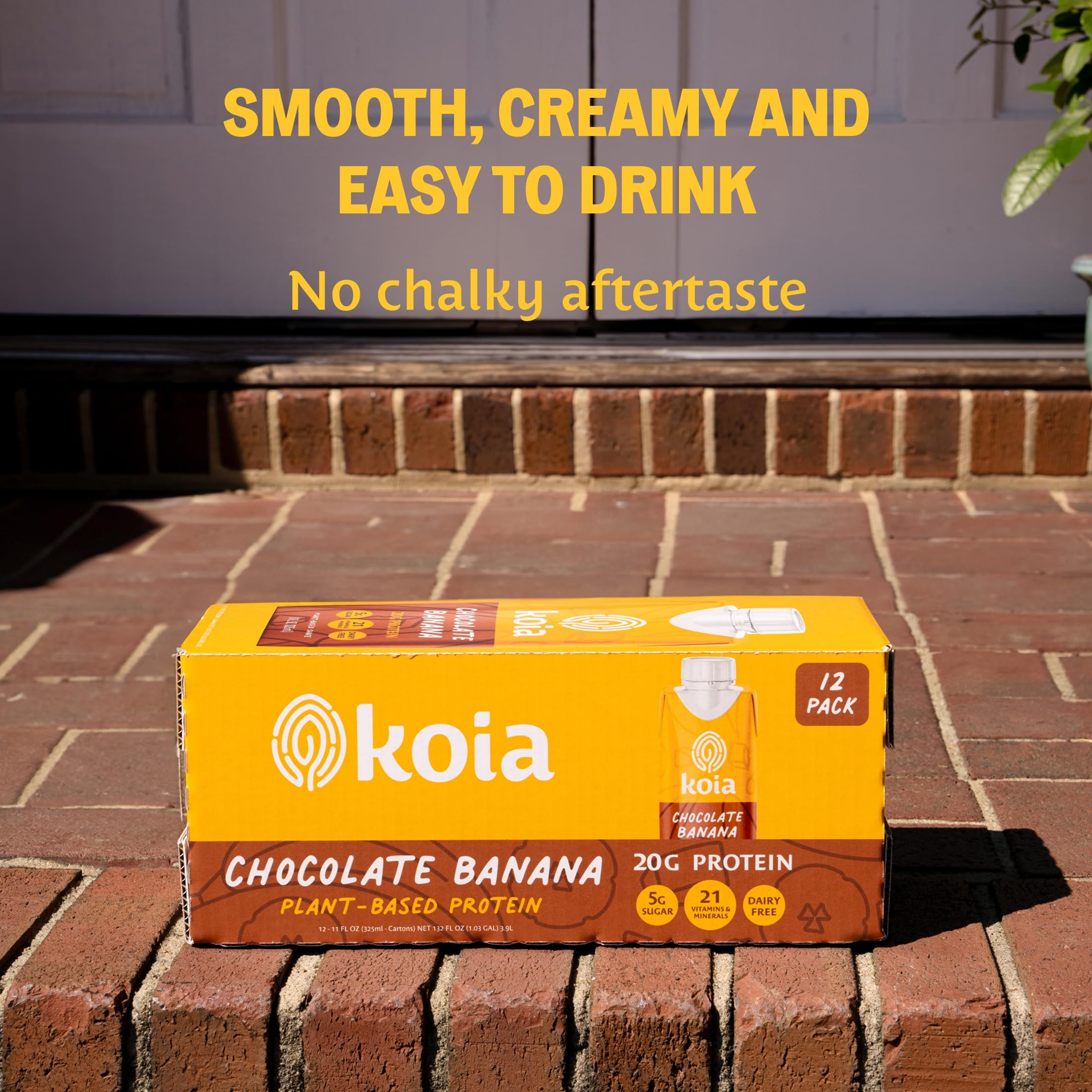 Koia bottle beside a banana for size reference and portion clarity