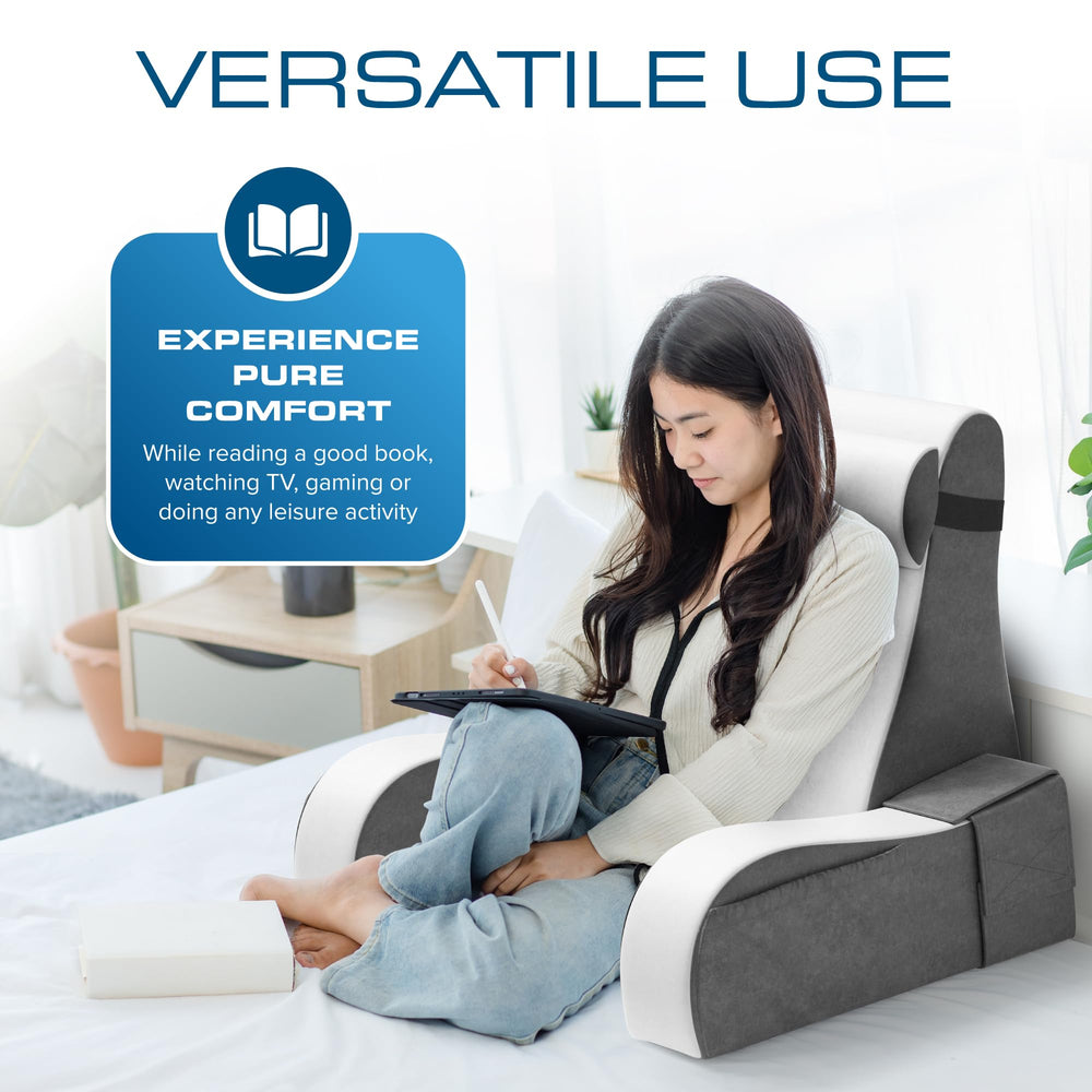 Kölbs pillow positioned on bed for reading, illustrating comfortable lounging setup