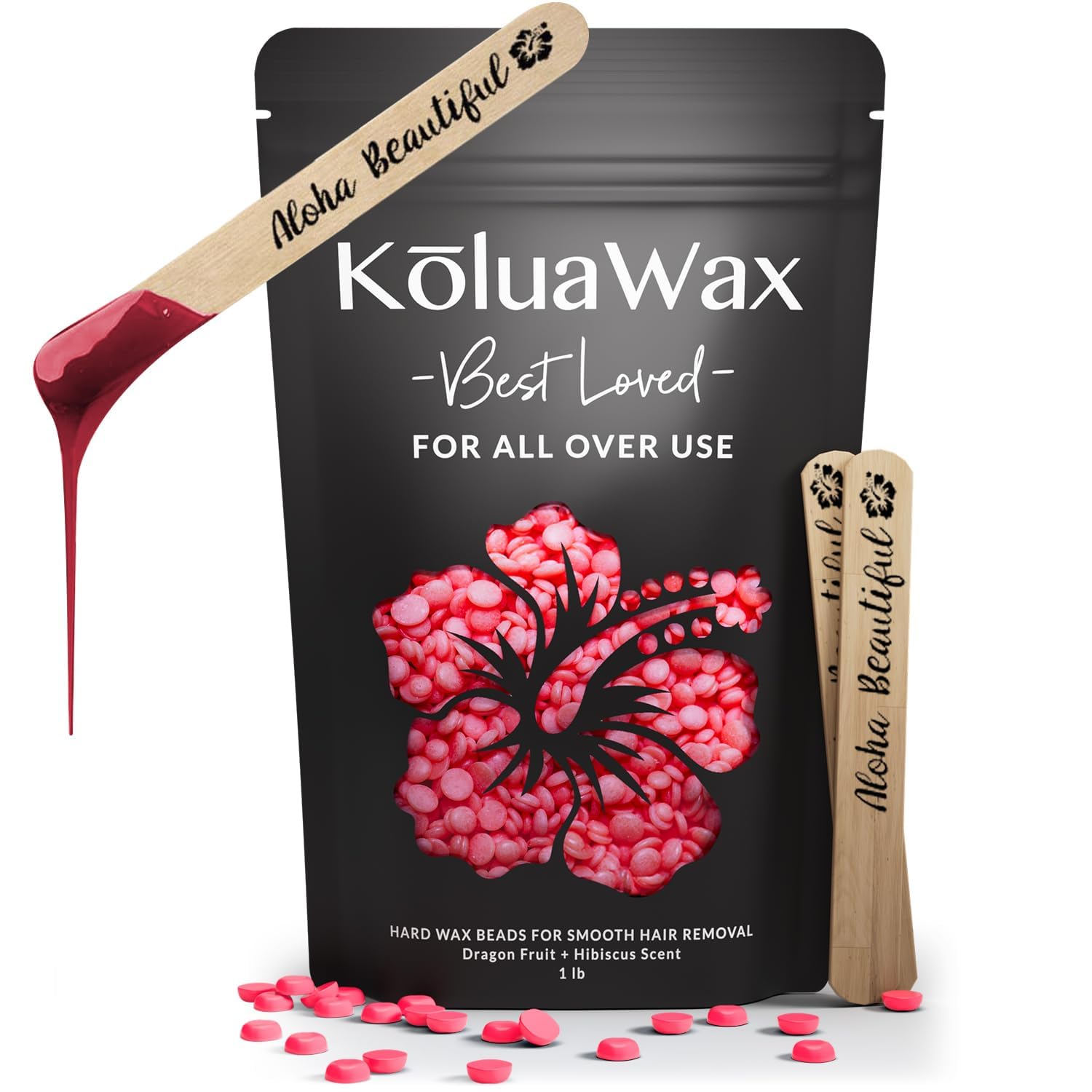 KoluaWax front packaging showing dragon fruit scent and 1lb size, highlights convenience