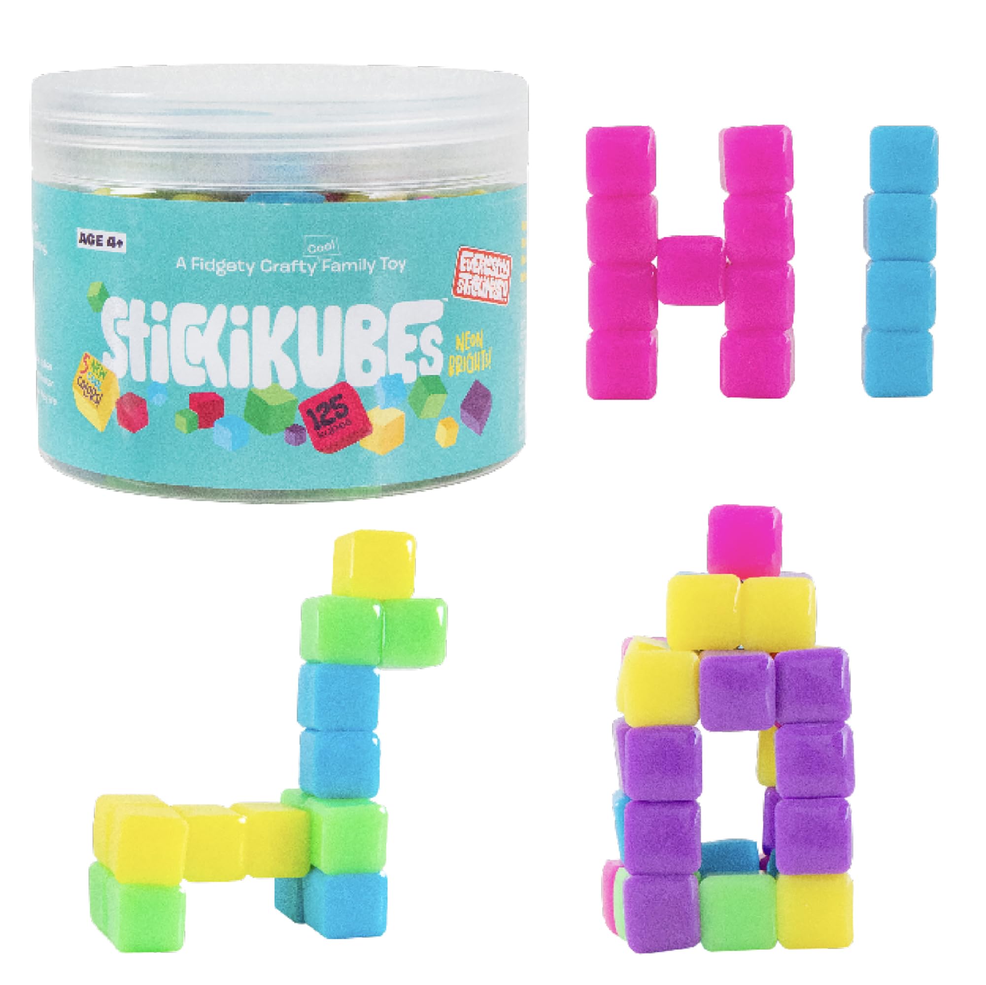 KOMARC GAMES front packaging tub showing 125 neon StickiKubes and tidy storage benefit