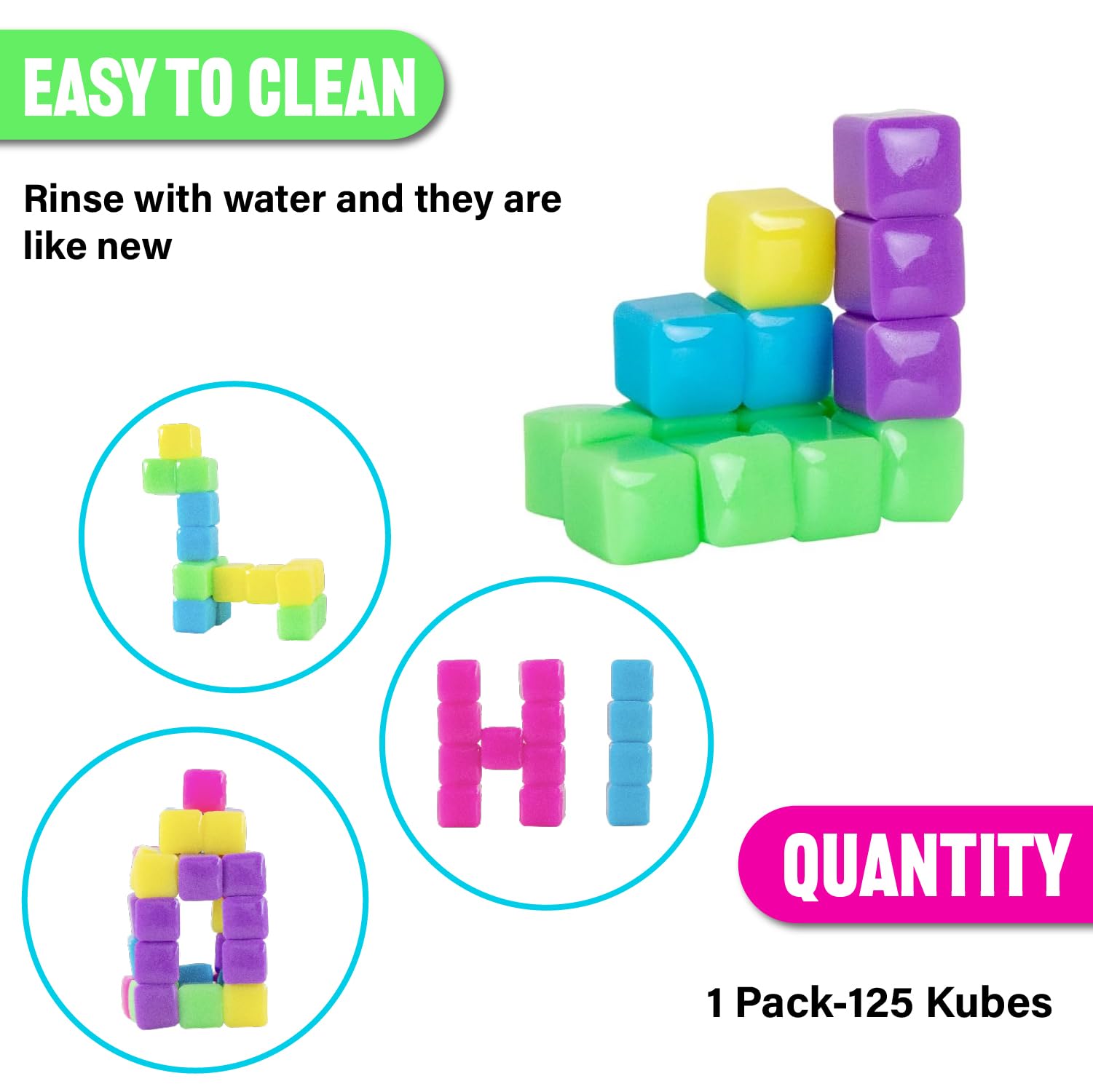 KOMARC GAMES cubes in use as a child builds a neon tower promoting STEM skills