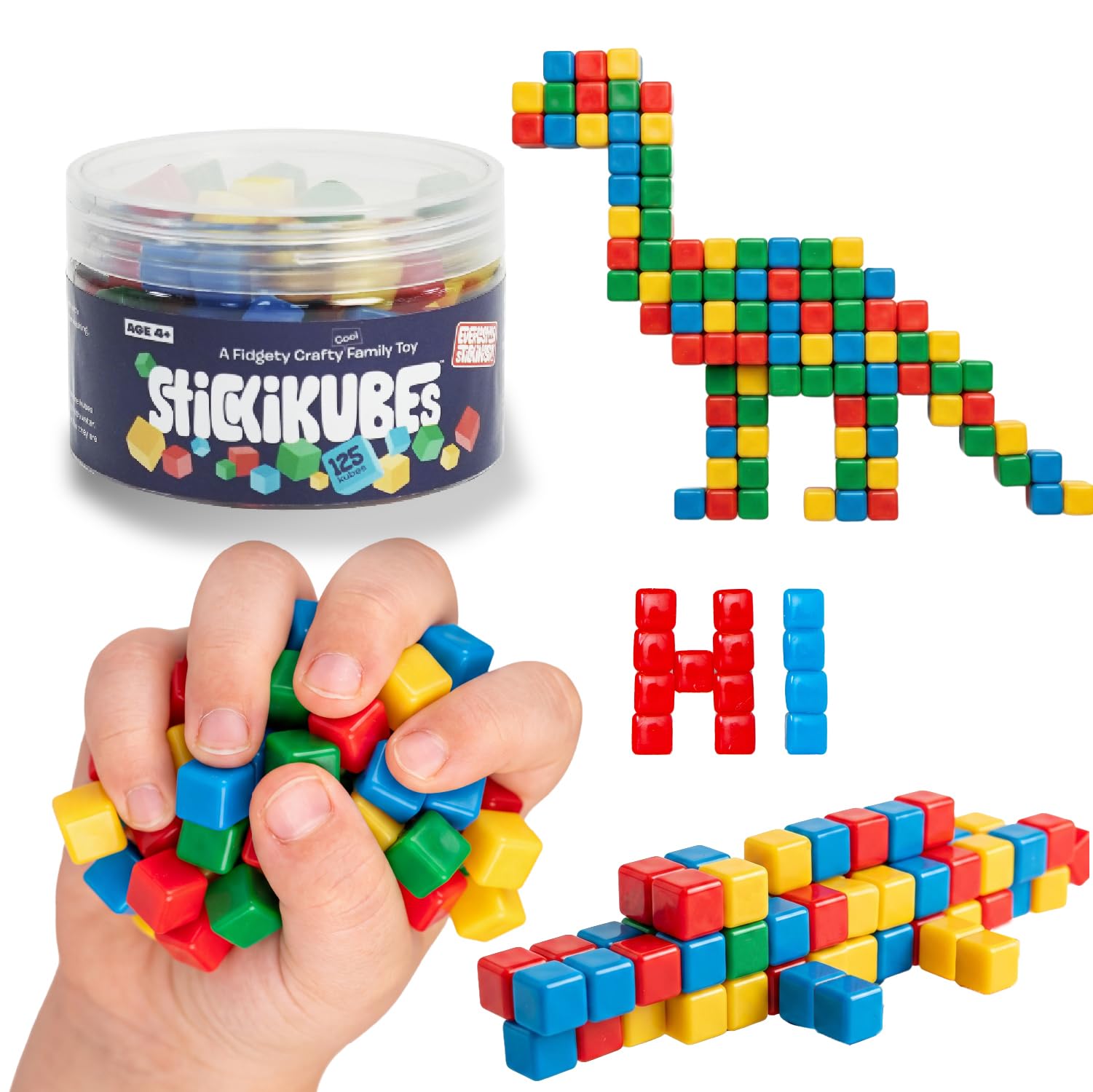KOMARC GAMES front packaging showing 125 colorful cubes and clear tub for easy storage and portability