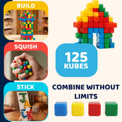 KOMARC GAMES cubes in a child’s hand showing size and fine-motor benefits for small fingers