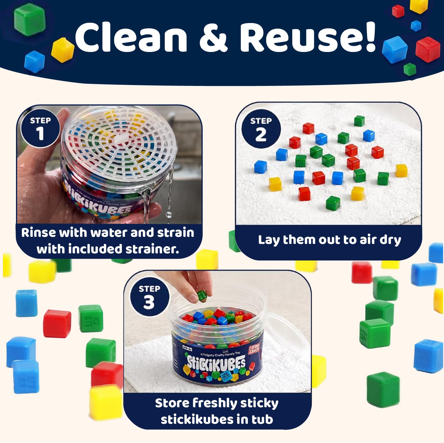 KOMARC GAMES open storage tub with cubes organized, illustrating tidy cleanup and reuse