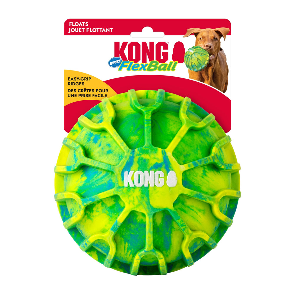 KONG FlexBall held in a large dog mouth demonstrating secure pickup benefit
