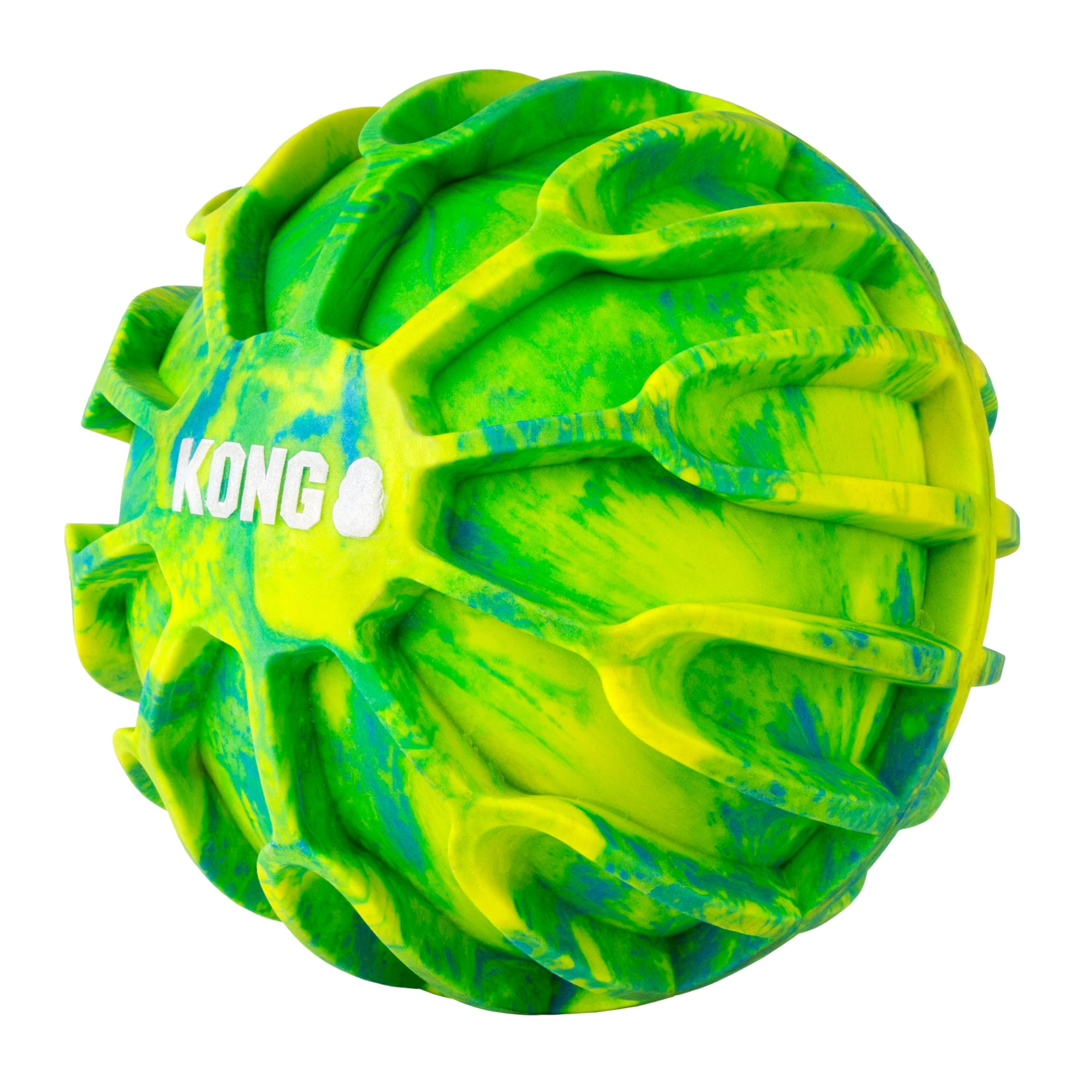 KONG FlexBall next to a ruler showing extra-large scale for big breeds
