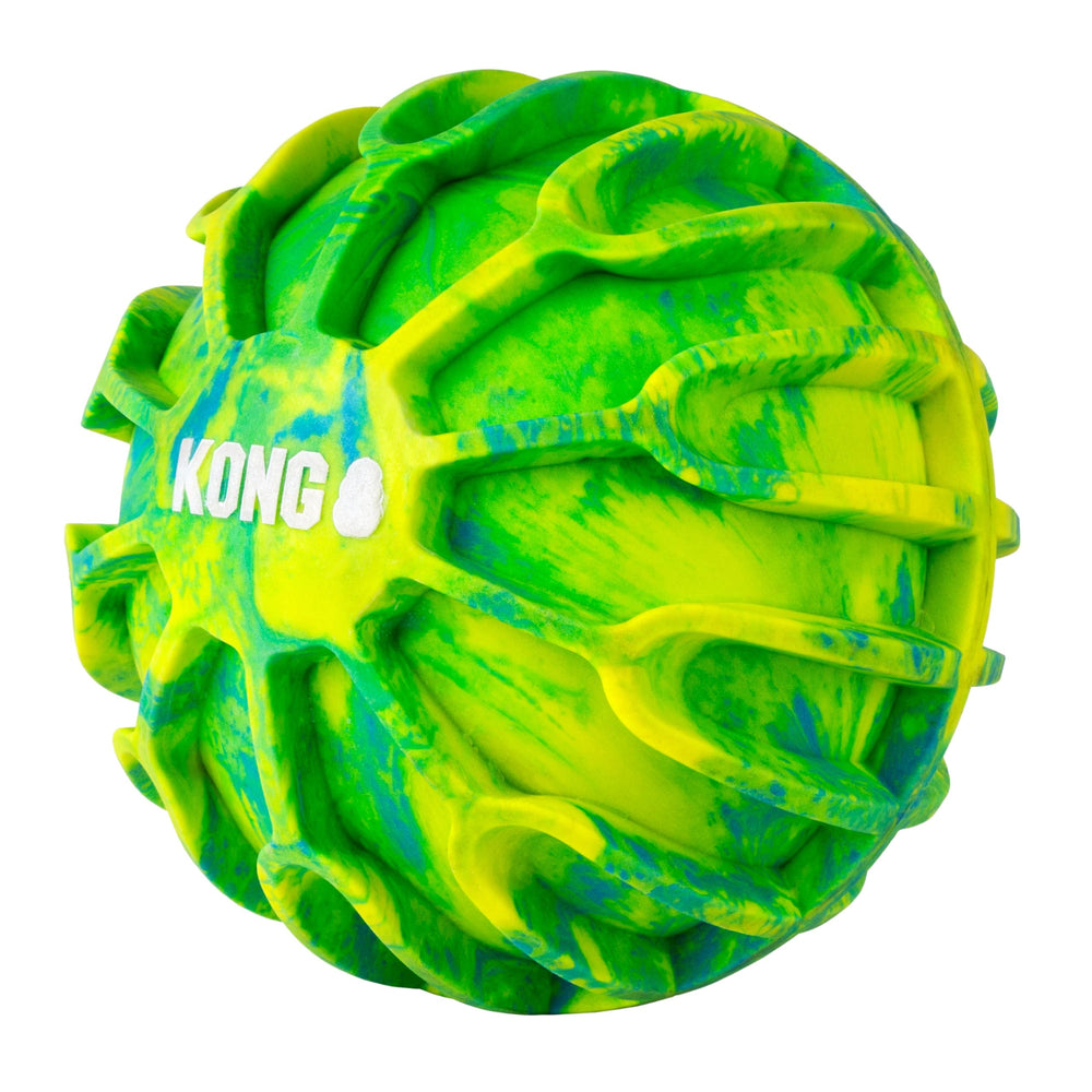 KONG FlexBall next to a ruler showing extra-large scale for big breeds