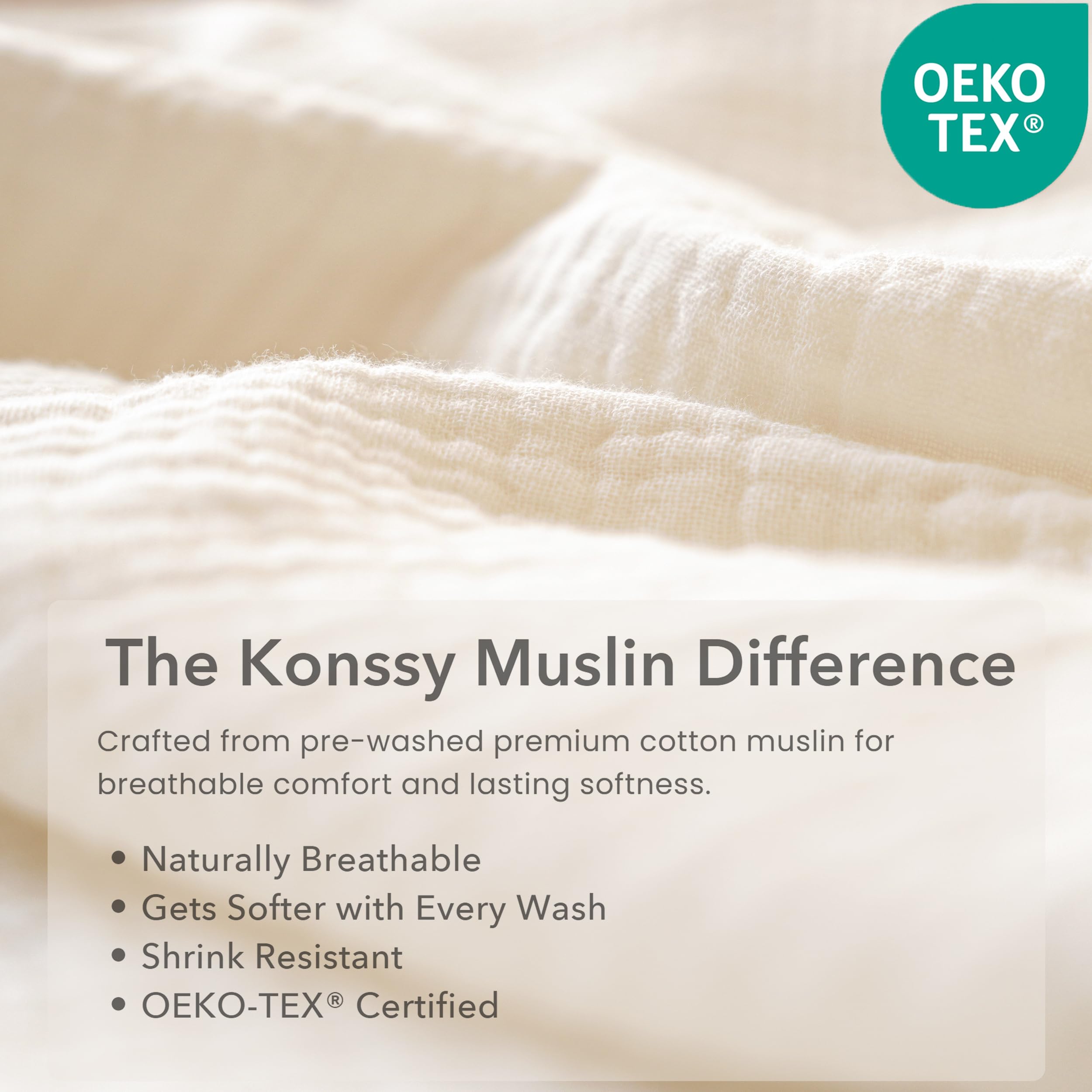 Konssy close-up of muslin texture highlighting breathable softness benefit