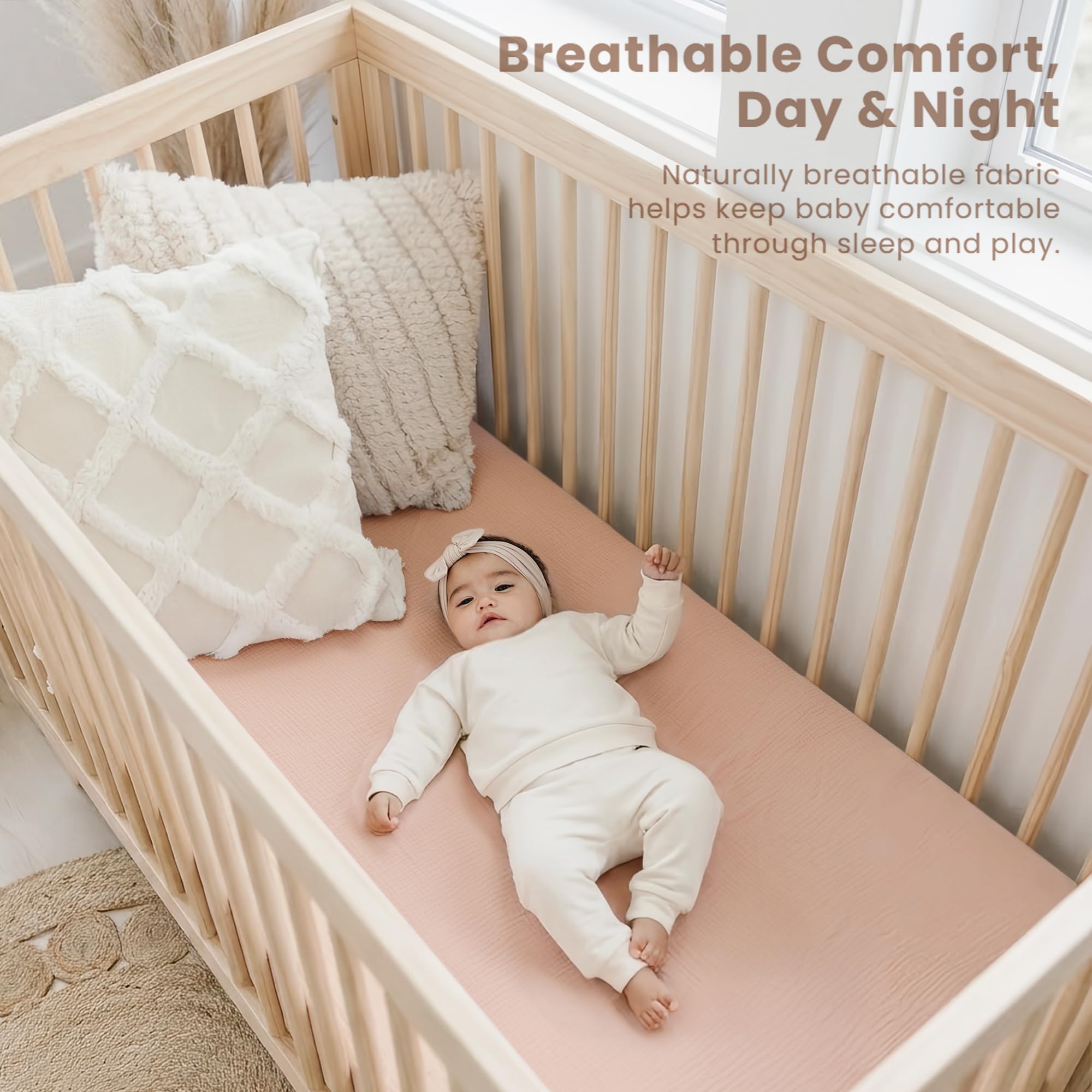 Konssy fitted sheet on crib mattress demonstrating secure snug fit benefit