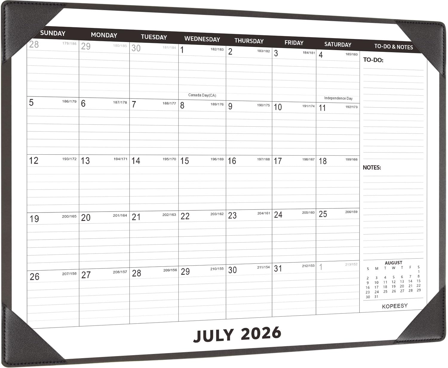 KOPEESY front view of 22x17 desk calendar showing monthly layout and visibility benefit