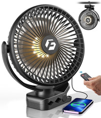 Korbot front view showing clip-on fan and stable clamp, providing portable cooling