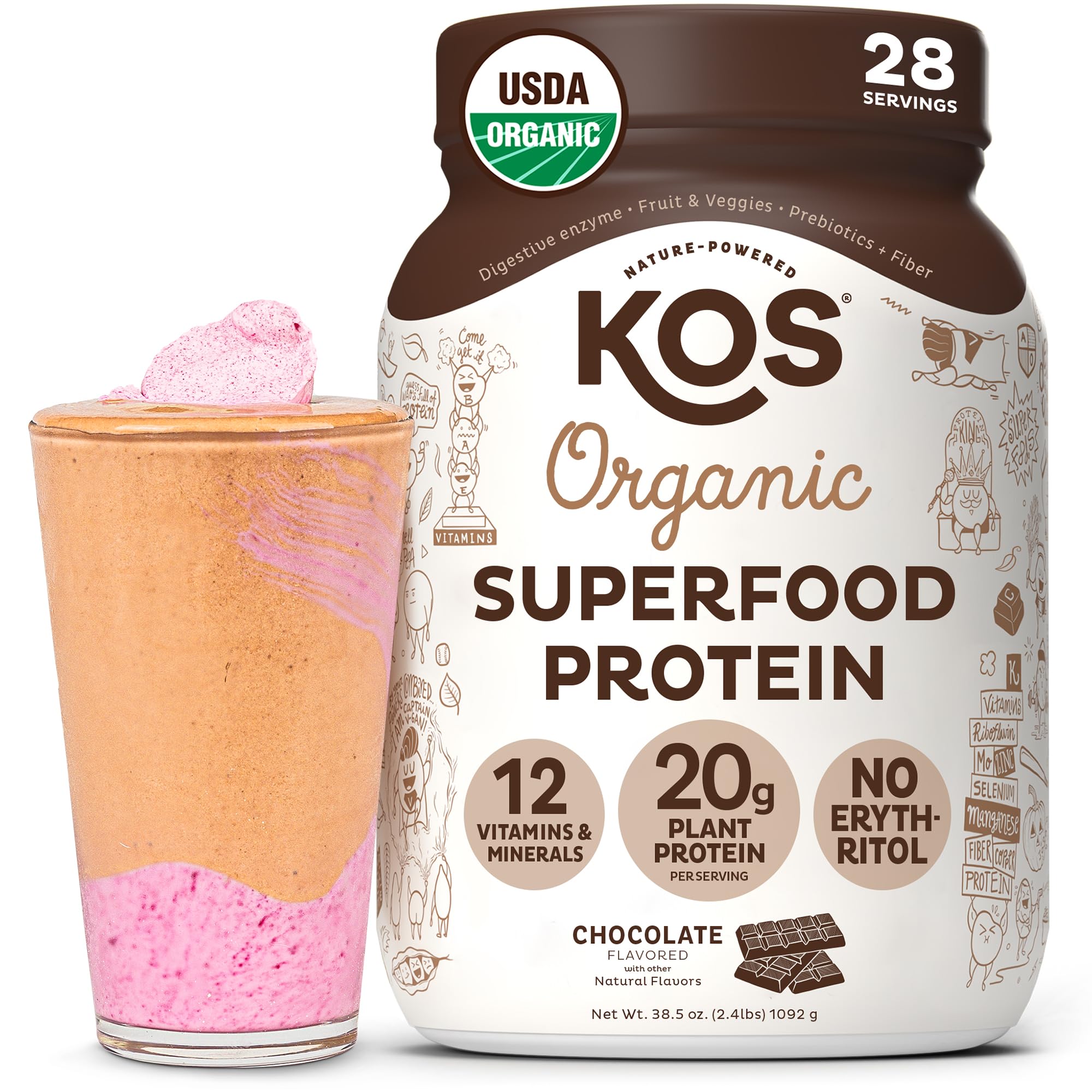 KOS front packaging showing chocolate protein and servings benefit