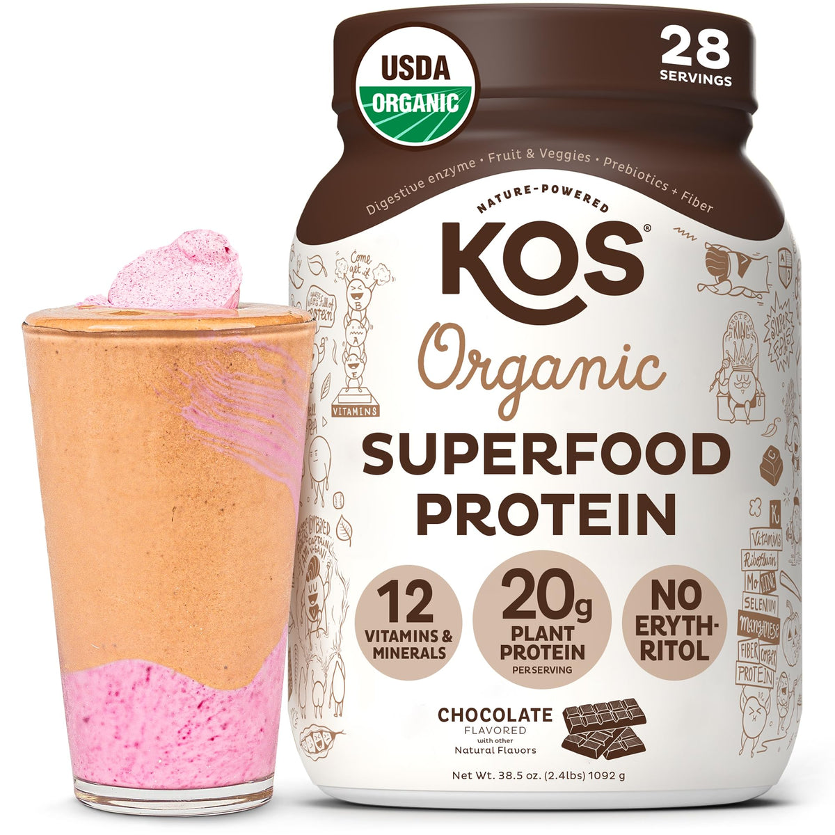 KOS front packaging showing chocolate protein and servings benefit