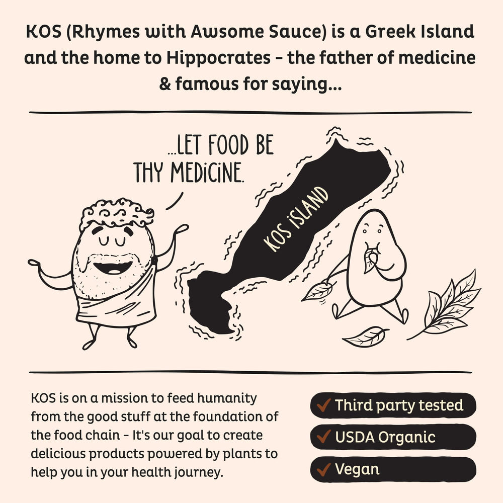 KOS ingredients display including cacao and pea protein for sourcing clarity