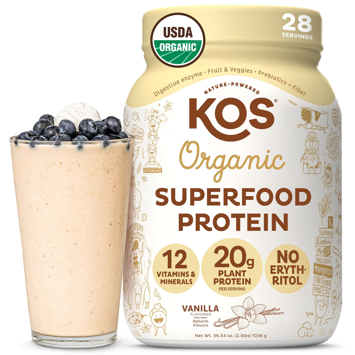 KOS front packaging showing vanilla plant protein, clear benefits