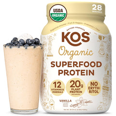 KOS front packaging showing vanilla plant protein, clear benefits
