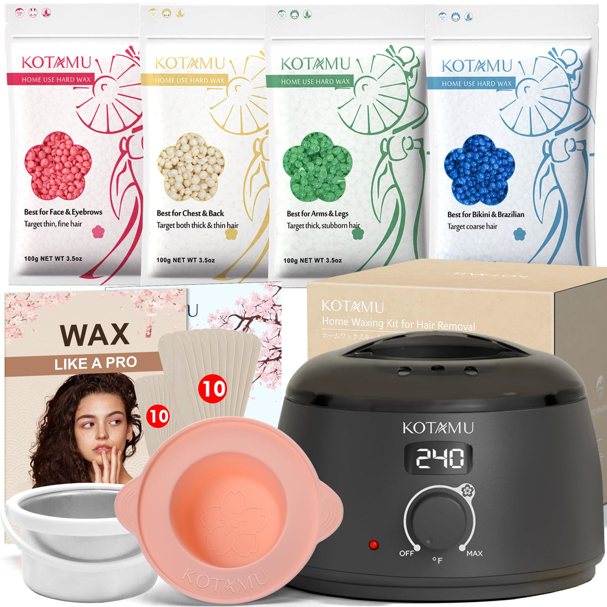 KOTAMU front packaging showing full kit and tools for easy home waxing